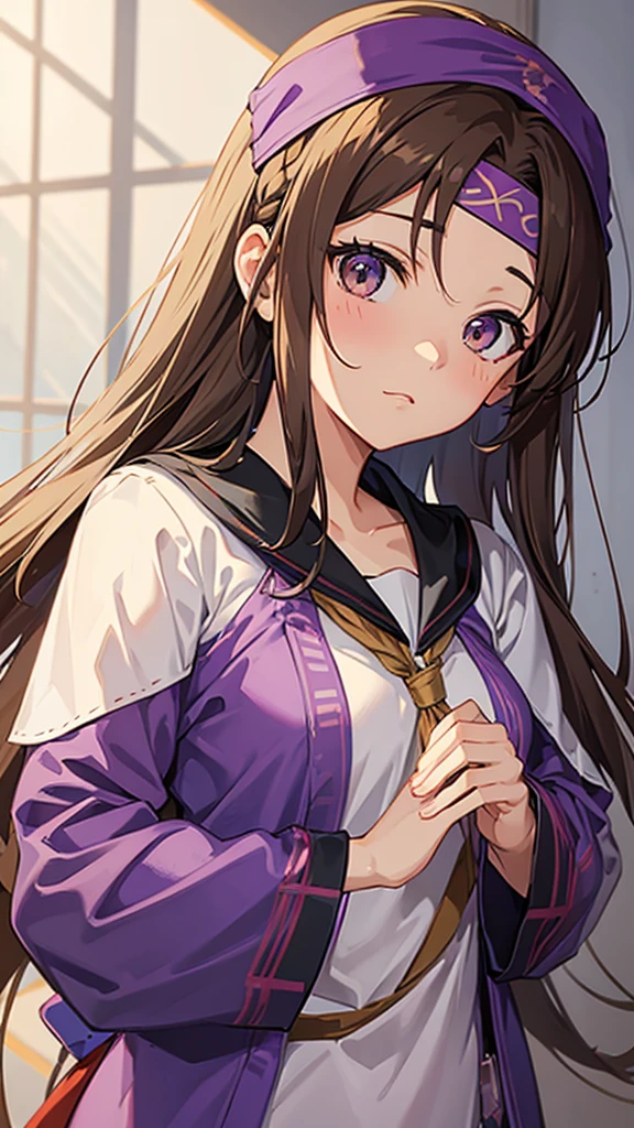 An anime girl in a lavender Clan outfit, with long, loose brown hair and brown eyes and a bandana on her forehead