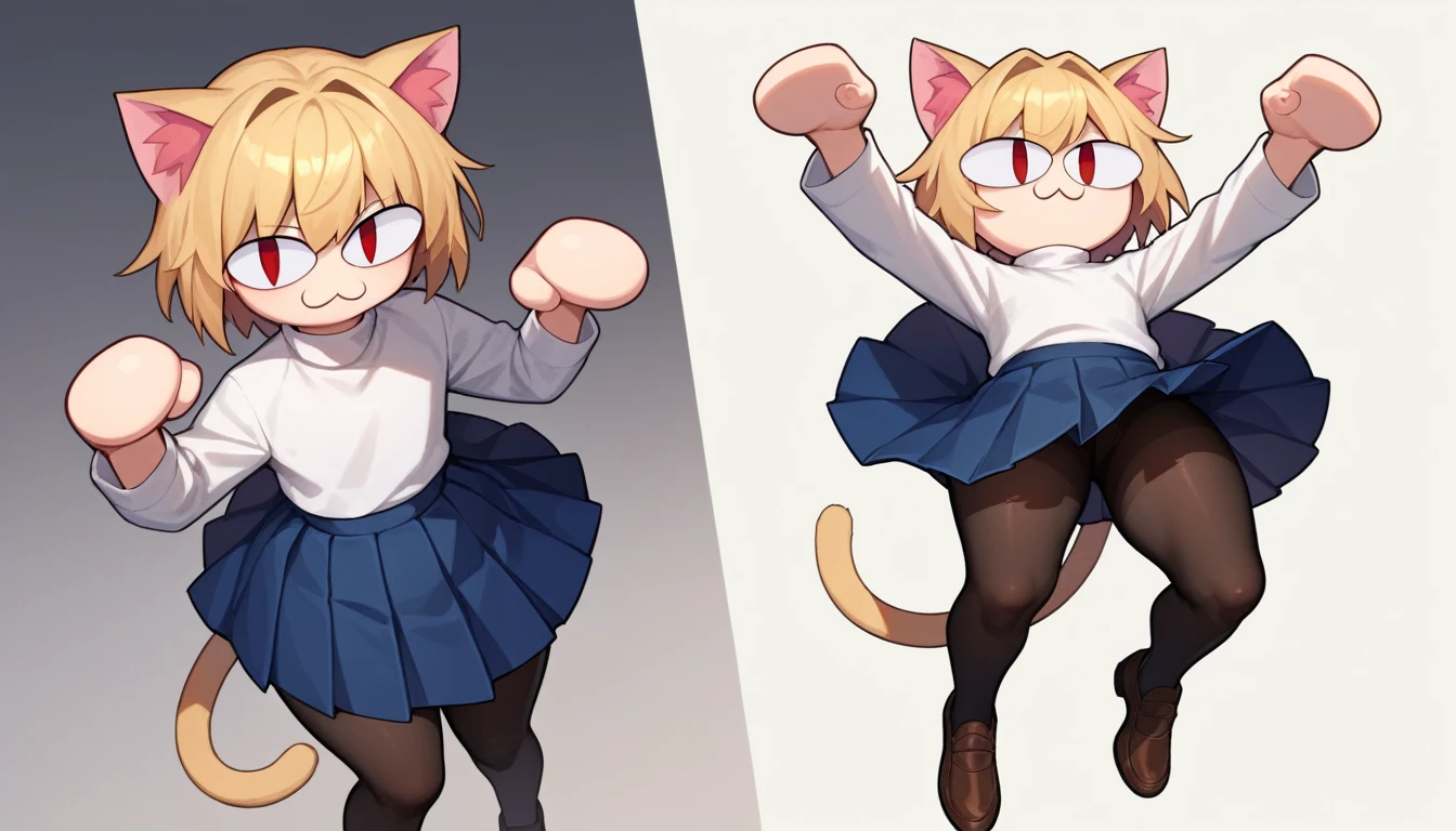 score_9, score_8_up, score_7_up, score_6_up, score_5_up, score_4_up, BREAK, 1boy, solo, necoarc, lit pupils, cat ears, blonde hair, red eyes, :3, turtleneck, blue skirt, pleated skirt, pantyhose, brown footwear, highlight thighs, thick thighs, cat pose, looking at the viewer 