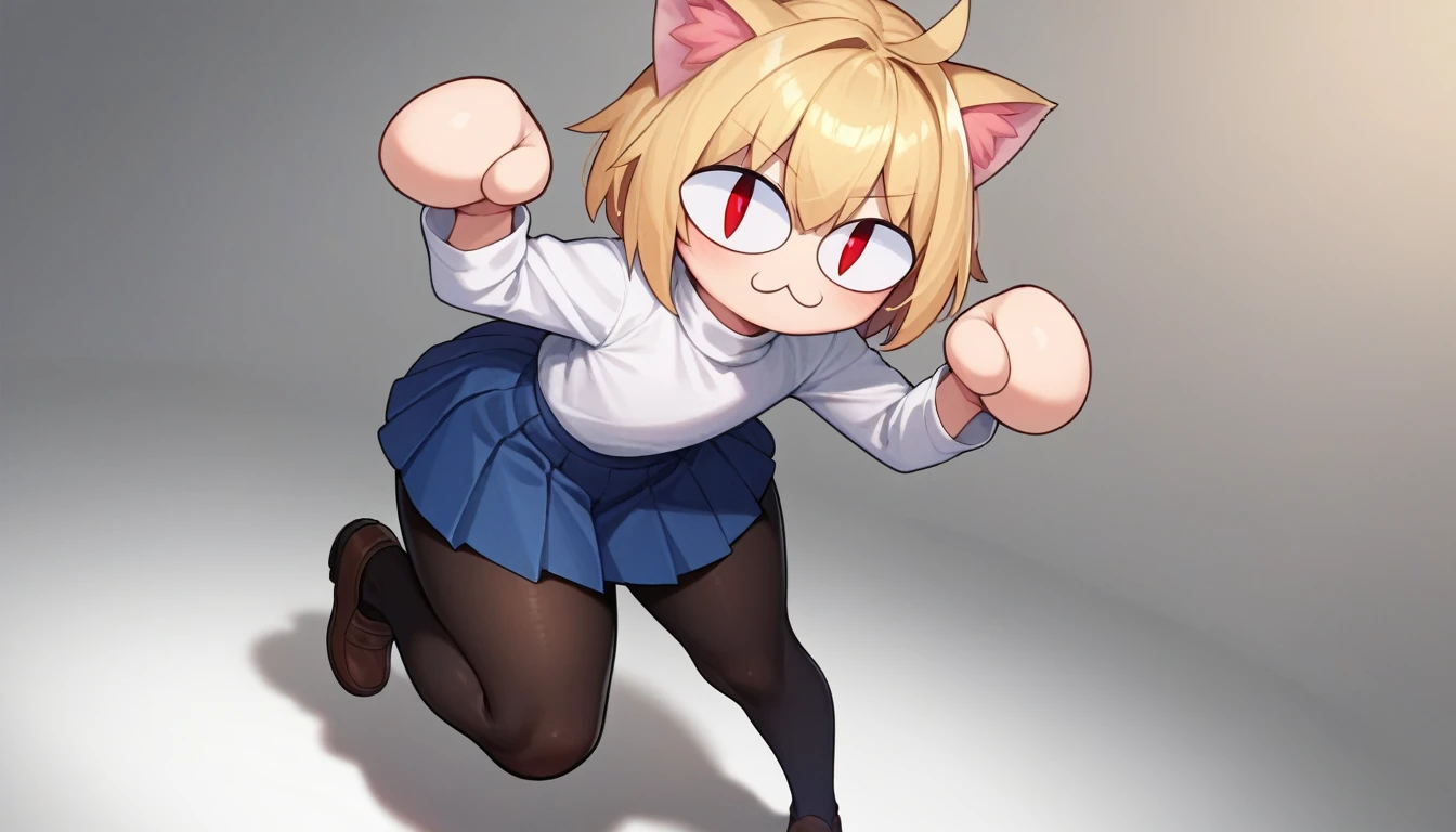 score_9, score_8_up, score_7_up, score_6_up, score_5_up, score_4_up, BREAK, 1boy, solo, necoarc, lit pupils, cat ears, blonde hair, red eyes, :3, turtleneck, blue skirt, pleated skirt, pantyhose, brown footwear, highlight thighs, thick thighs, cat pose, looking at the viewer 