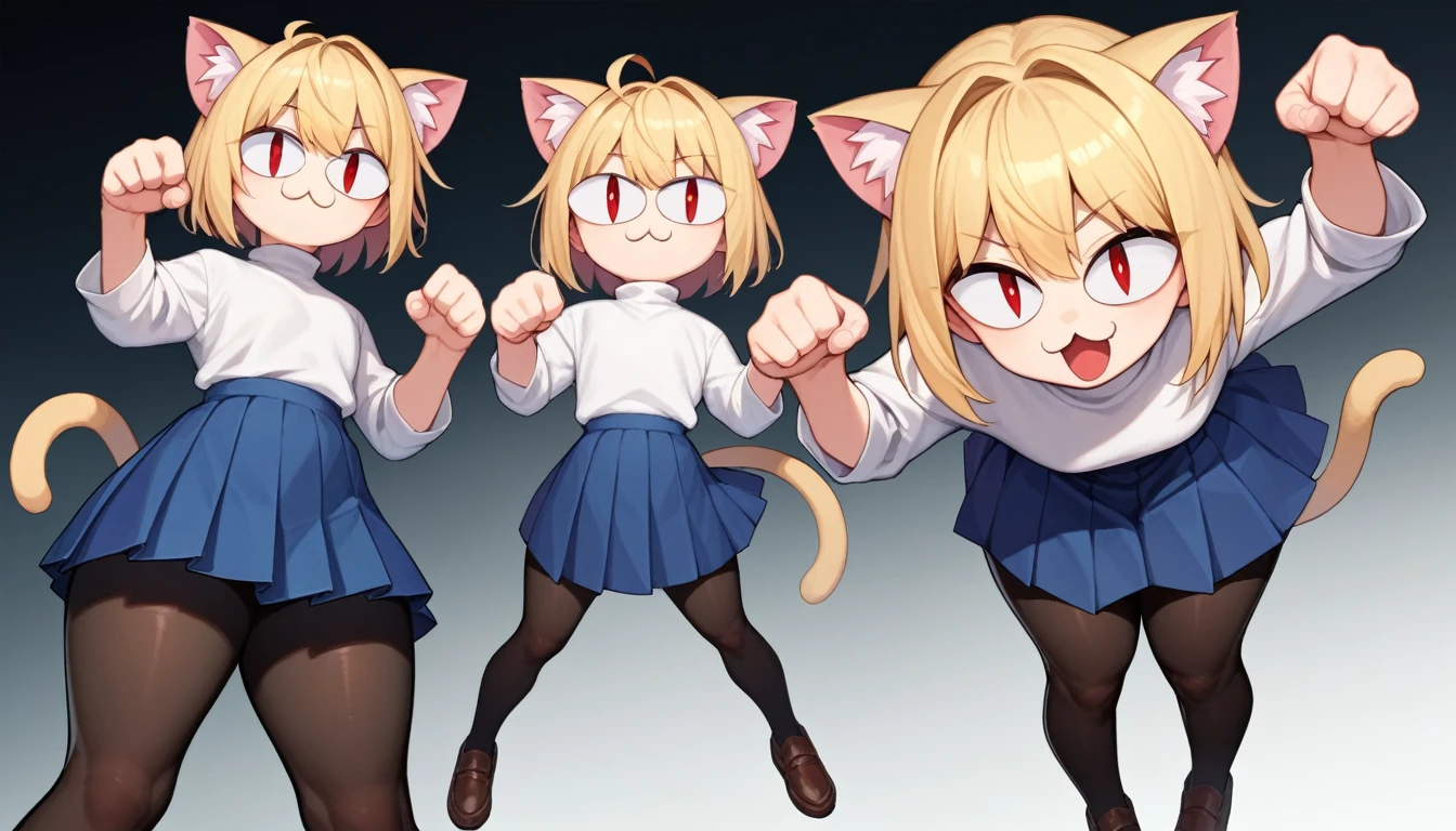 score_9, score_8_up, score_7_up, score_6_up, score_5_up, score_4_up, BREAK, 1boy, solo, necoarc, lit pupils, cat ears, blonde hair, red eyes, :3, turtleneck, blue skirt, pleated skirt, pantyhose, brown footwear, highlight thighs, thick thighs, cat pose, looking at the viewer
