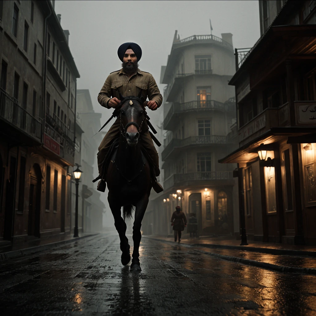A handsome and strong 36-year-old man, looking towards the camera, with a turban on his head, wearing war attire reminiscent of Sultan Saladin, highly detailed, riding a horse, carrying a sword, in a conquered enemy palace with cavalry troops behind him. Foggy and rainy palace streets in the evening with an Edward Hopper style. Frozen scene, open, highly realistic and detailed 3D cinematic matte painting, mysterious and nostalgic atmosphere, photographic appearance, RAW style, photorealistic
