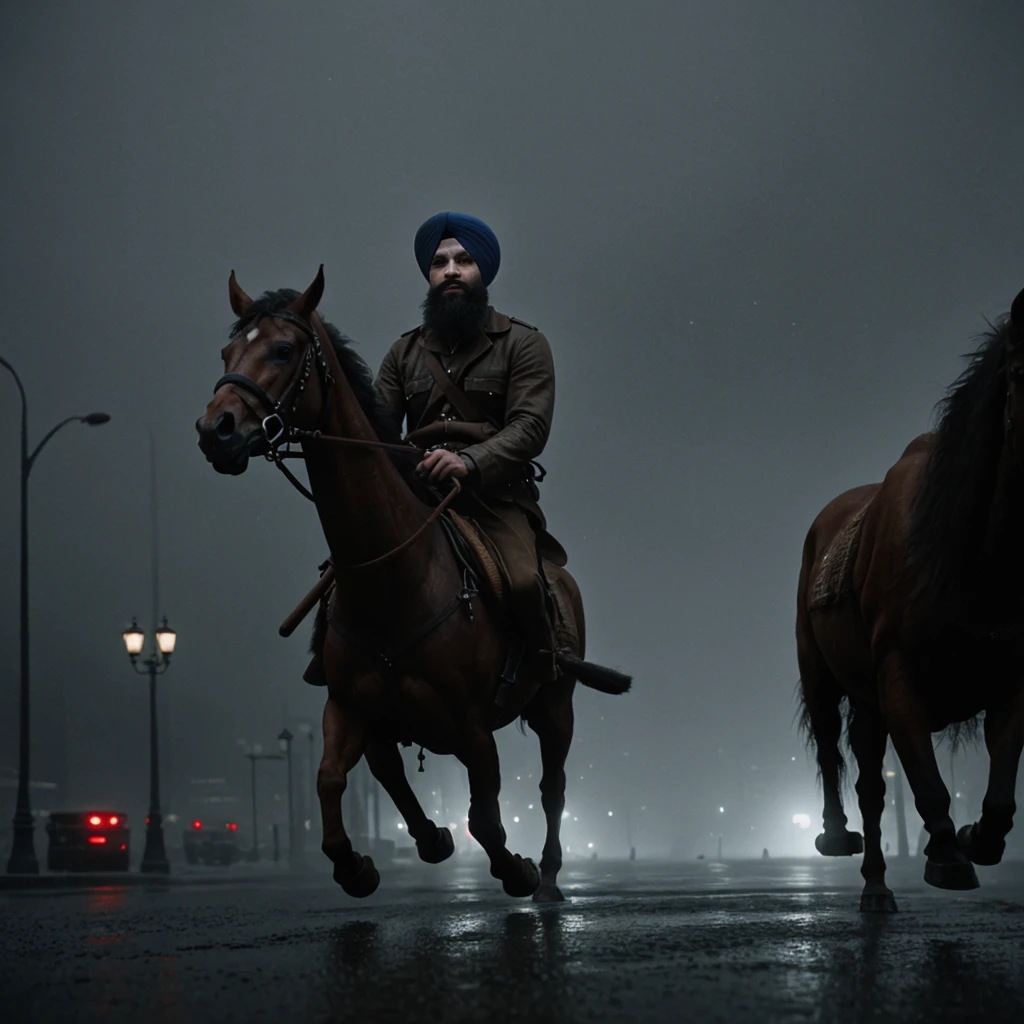 A handsome and strong 36-year-old man, looking towards the camera, with a turban on his head, wearing war attire reminiscent of Sultan Saladin, highly detailed, riding a horse, carrying a sword, in a conquered enemy palace with cavalry troops behind him. Foggy and rainy palace streets in the evening with an Edward Hopper style. Frozen scene, open, highly realistic and detailed 3D cinematic matte painting, mysterious and nostalgic atmosphere, photographic appearance, RAW style, photorealistic