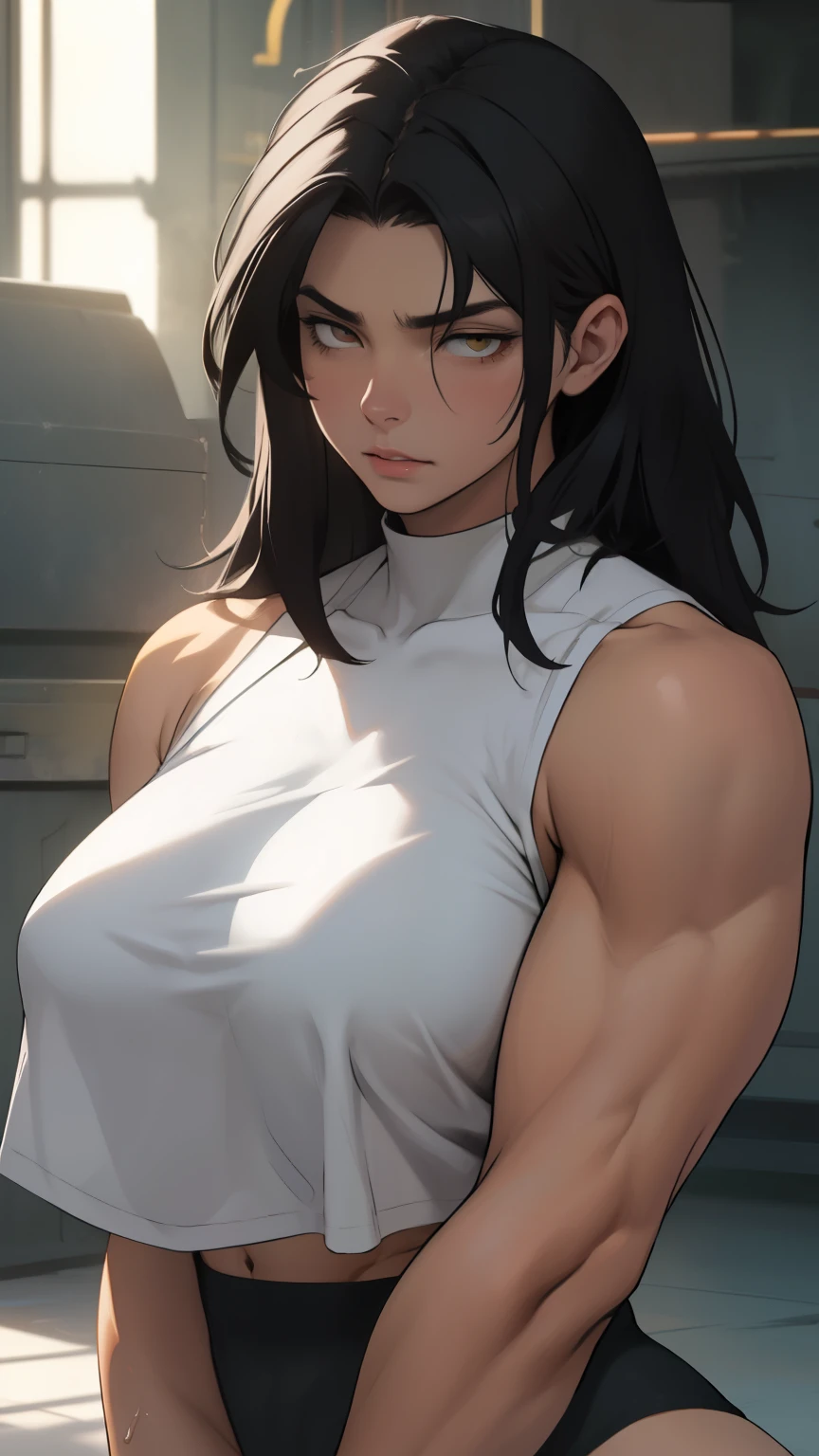 massive hair massive muscles massive breasts massive legs massive thighs massive body super thick black hair yellow eyes pale skin long hair expressionless sad girl