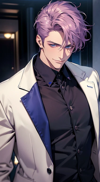 (best quality, masterpiece, 8K, photorealistic, cinematic lighting, 1:4 hdr image, ultra detailed, beautiful image), a mature man, 35 years very handsome, ((cold expression smile in love)), short  purple hair, blue eyes, face perfect without mistakes, ((buttoning his jacket, CEO)), smile.
