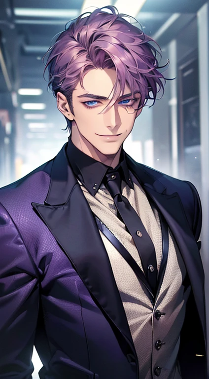 (best quality, masterpiece, 8K, photorealistic, cinematic lighting, 1:4 hdr image, ultra detailed, beautiful image), a mature man, 35 years very handsome, ((cold expression smile in love)), short purple hair, blue eyes, face perfect without mistakes, ((buttoning his jacket, CEO)), smile.