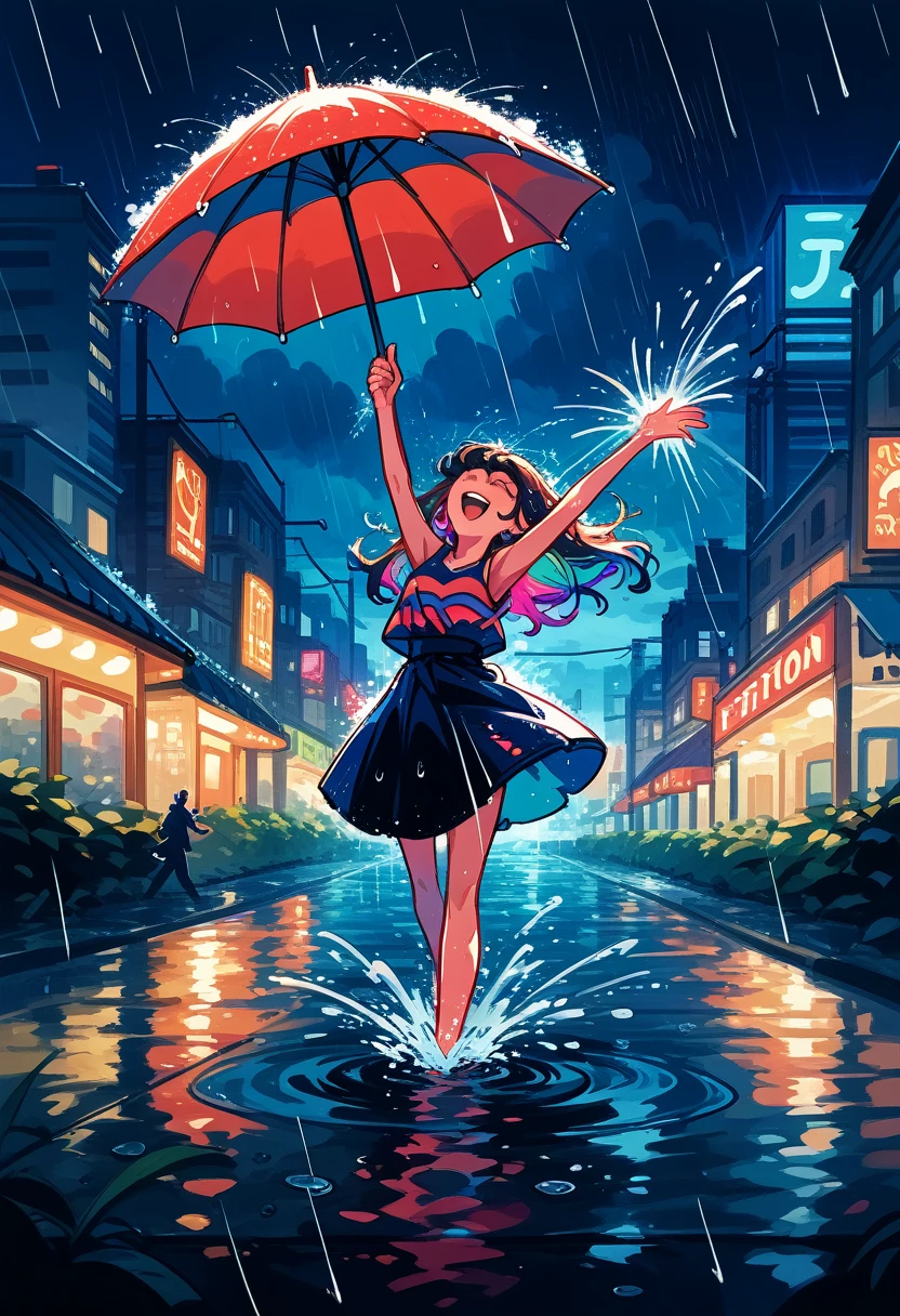 vibrant, colorful, whimsical, romantic, joyful, carefree, dancing, rain, umbrella, city street, night, neon lights, reflections, puddles, splashing, movement, energy, , happiness, Gene Kelly, Singin' in the Rain, nostalgic, classic, Hollywood, musical, iconic, memorable,