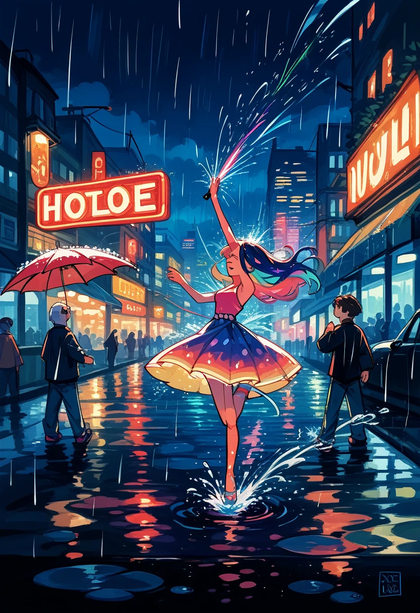 vibrant, colorful, whimsical, romantic, joyful, carefree, dancing, rain, umbrella, city street, night, neon lights, reflections, puddles, splashing, movement, energy, , happiness, Gene Kelly, Singin' in the Rain, nostalgic, classic, Hollywood, musical, iconic, memorable,