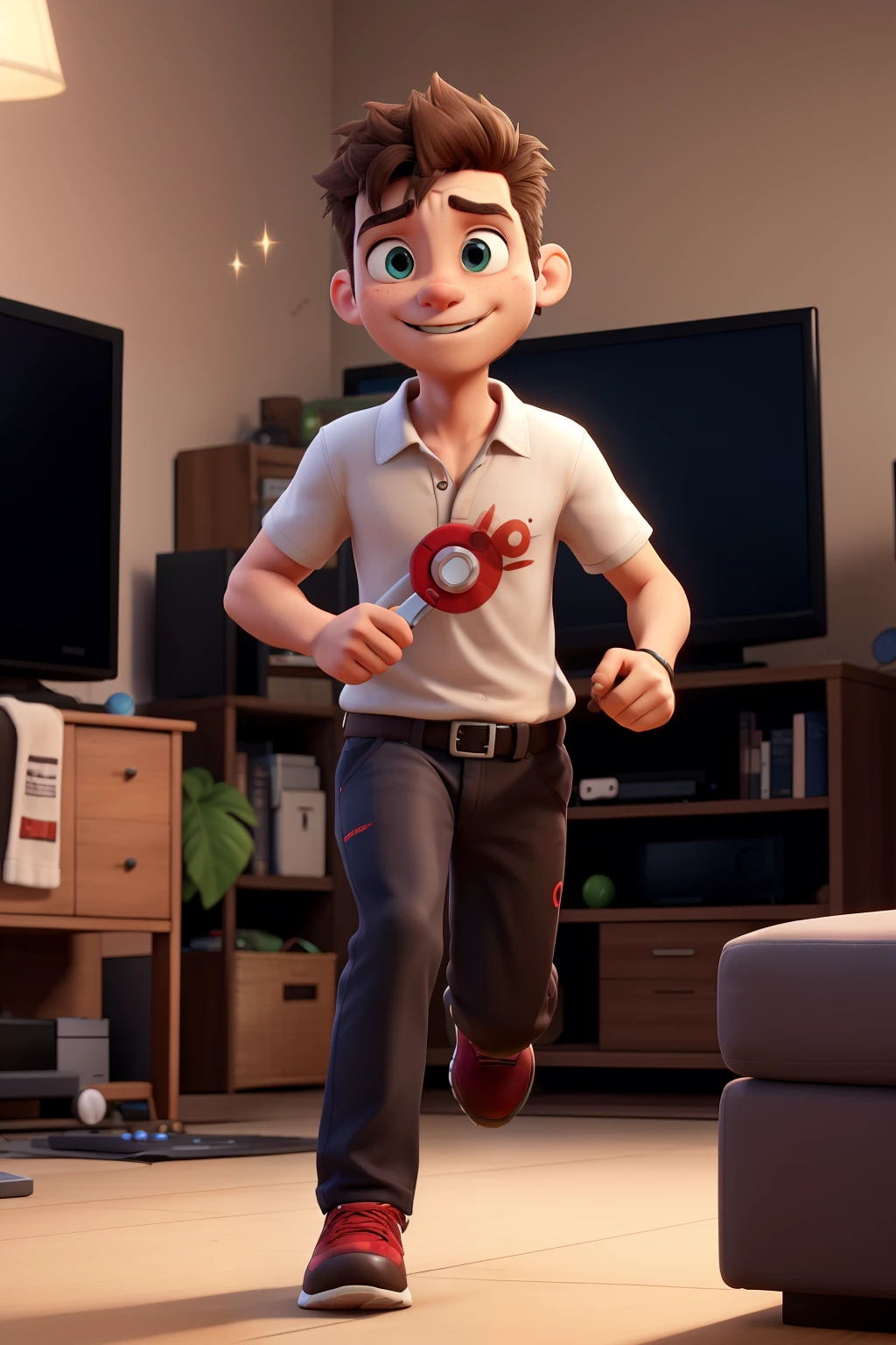 with a sparkle in your eyes, the young gamer quickly gets up from the sofa and runs towards the television. He picks up the video game controller that was resting on his chest and turns it on with one agile movement.. The TV screen flashes and then the interface of the gamer&#39;s favorite game appears. His fingers anxiously press the buttons on the controller as he navigates the main menu.. With a growing smile of anticipation, he finally selects the option that takes him to the epic moment he had just remembered. The game music starts playing, intensifying the atmosphere of emotion and nostalgia as he prepares to relive that incredible play.