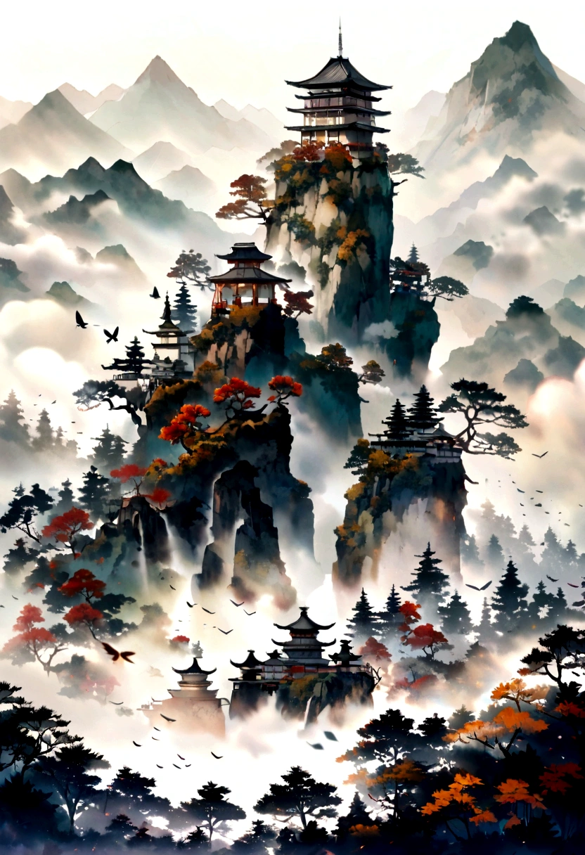 Hengshan Mountain is shrouded in dense mist, which is definitely a dreamy scene in a fairyland. Butterflies are dancing in the air, and their light wings twinkle in the mist. The mist is swirling around the peaks, revealing the beautiful scenery of deep autumn tones. This picture is like a finely-detailed ink painting that no one wants to miss. --ar 9:16