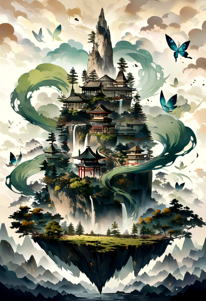 Hengshan Mountain is shrouded in dense mist, which is definitely a dreamy scene in a fairyland. Butterflies are dancing in the air, and their light wings twinkle in the mist. The mist is swirling around the peaks, revealing the beautiful scenery of deep autumn tones. This picture is like a finely-detailed ink painting that no one wants to miss. --ar 9:16