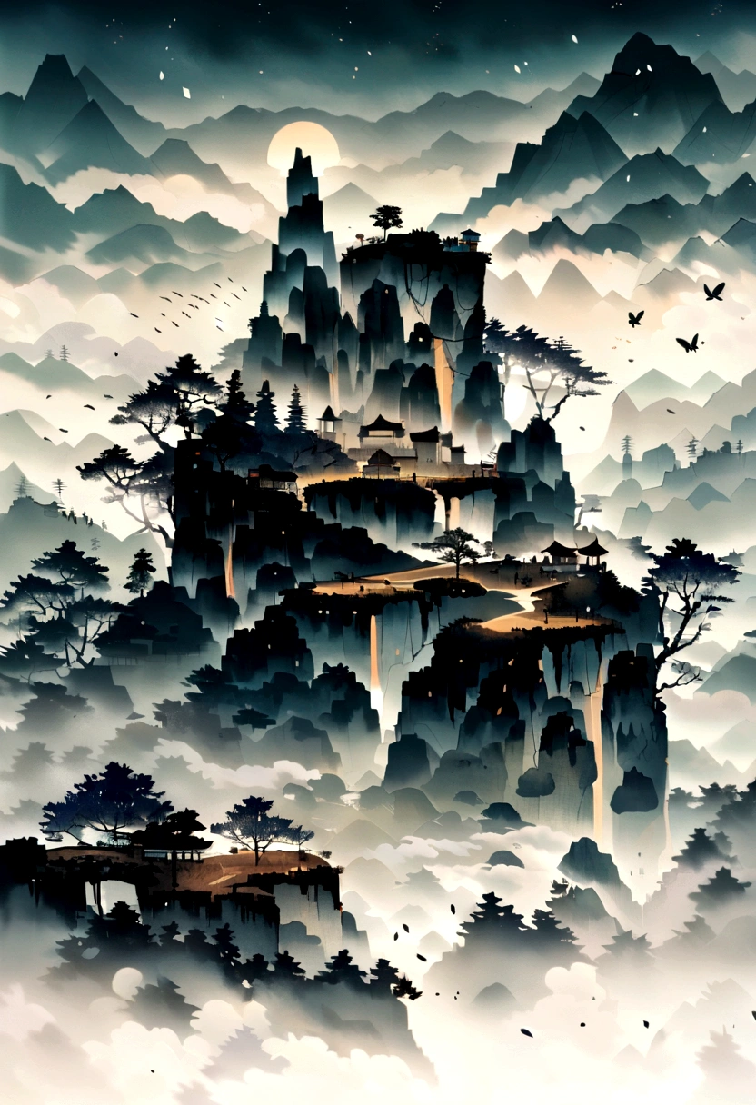 Hengshan Mountain is shrouded in dense mist, which is definitely a dreamy scene in a fairyland. Butterflies are dancing in the air, and their light wings twinkle in the mist. The mist is swirling around the peaks, revealing the beautiful scenery of deep autumn tones. This picture is like a finely-detailed ink painting that no one wants to miss. --ar 9:16