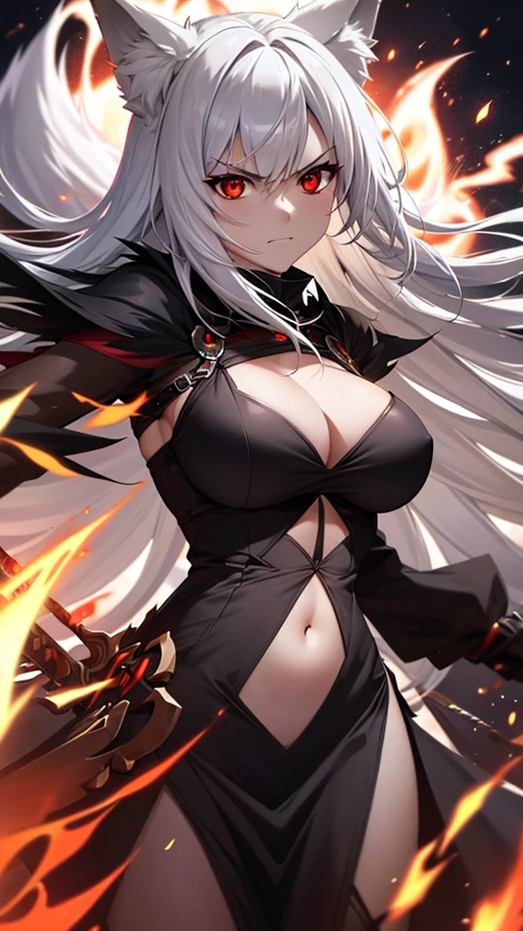 An adult woman half fox and wolf, wide breasts, red eyes, white hair, very angry, in a black little open dress, holding a sword