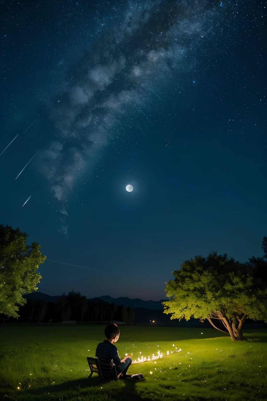 A boy sitting under tree making a wish, shooting star appers with the moon, realistic night with grass