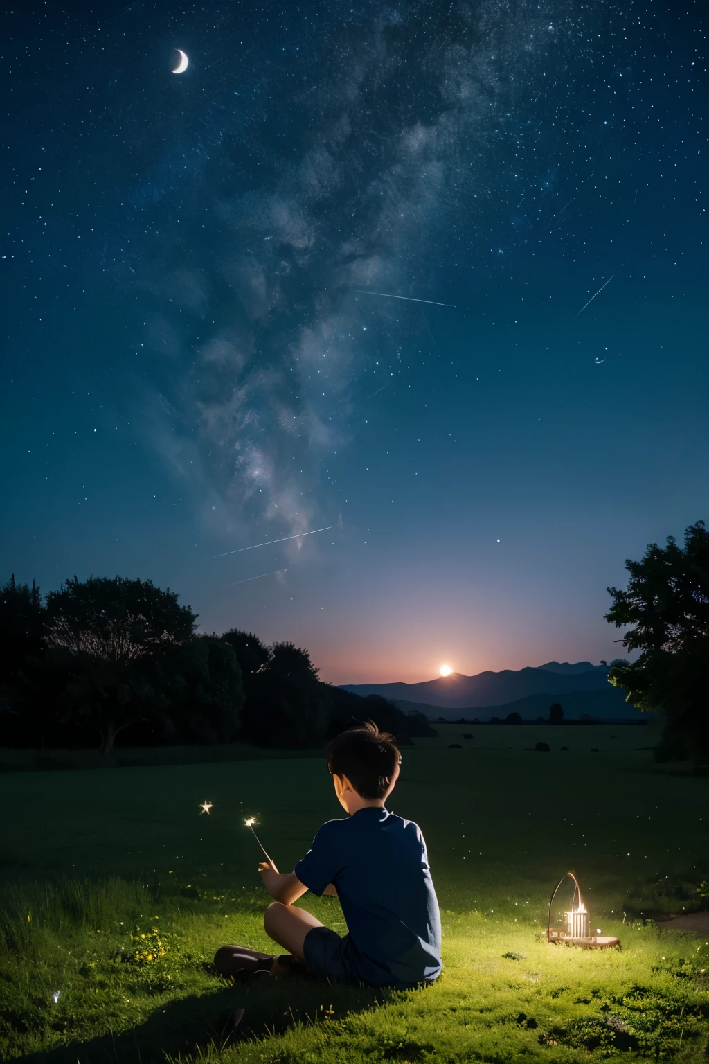 A boy sitting under tree making a wish, shooting star appers with the moon, realistic night with grass