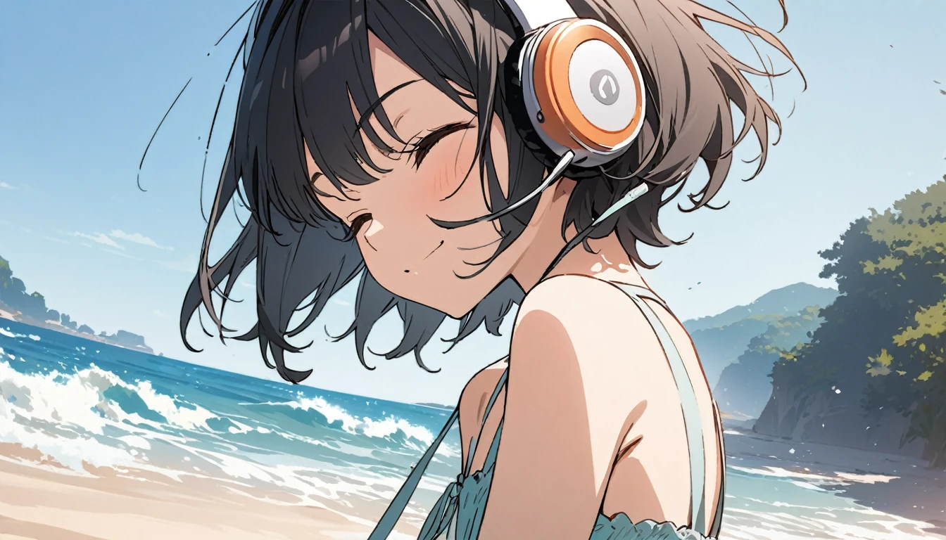 1girl, solo, gentle smile on her face flat chest, short hair, black hair, upper body, ((masterpiece, illustration, best quality)) ((best quality)) by the beach sea shore walking around the beach with her headphones on, eyes closed