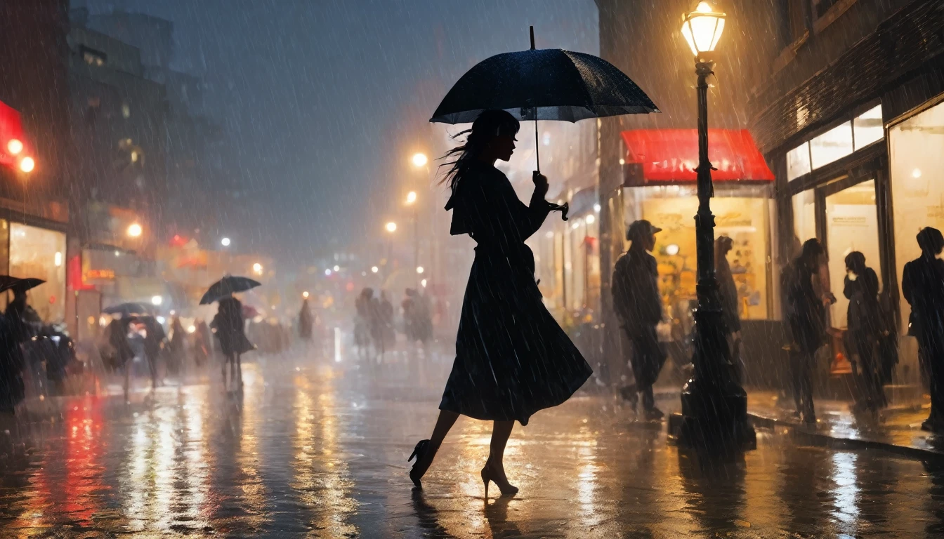 masterpiece, highly detailed, cinematic, 4k resolution, stunning, breathtaking, dramatic, Dancing in the Rain, impressionistic, woman, silhouette, cityscape, soft light, joyful, romantic, flowing hair, smiling, umbrella, streetlight, nostalgic, no blurry, no low resolution, no ugly, no deformed, no unrealistic, no cartoon, no anime