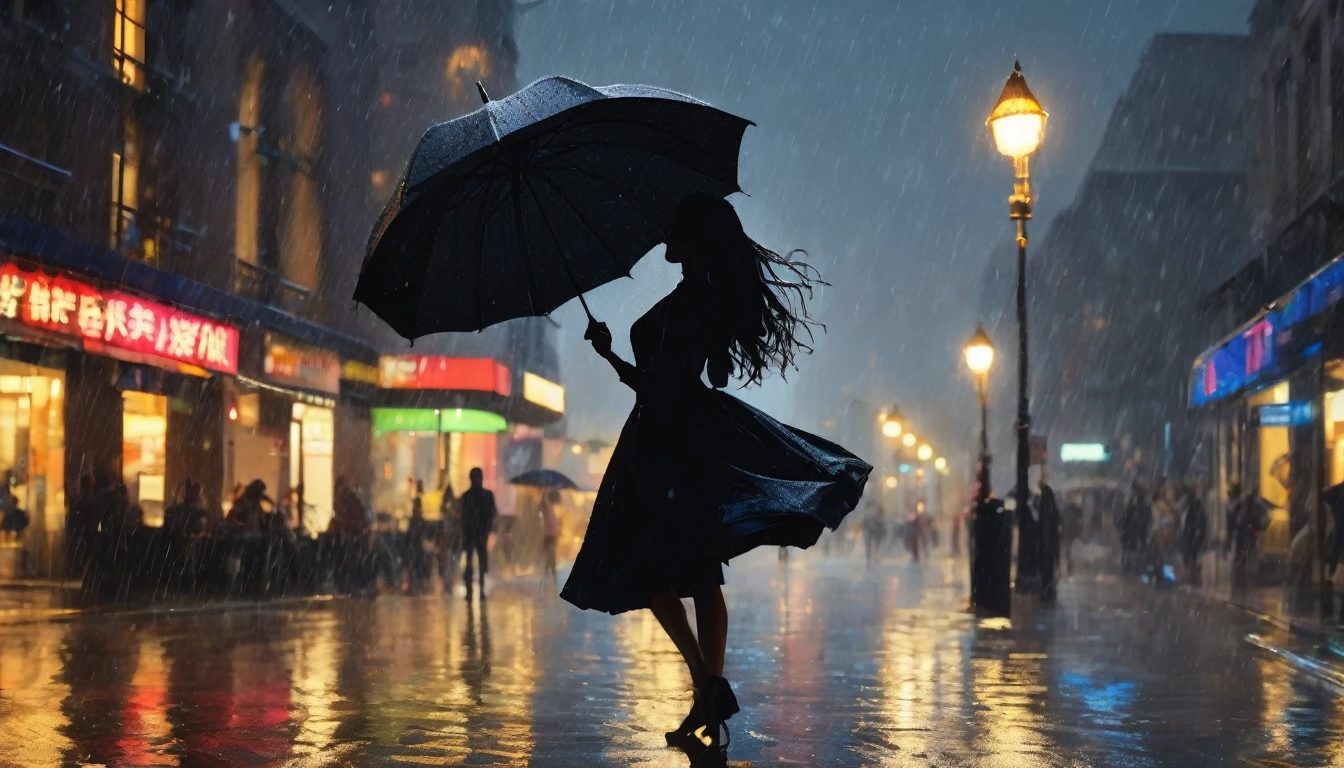 masterpiece, highly detailed, cinematic, 4k resolution, stunning, breathtaking, dramatic, Dancing in the Rain, impressionistic, woman, silhouette, cityscape, soft light, joyful, romantic, flowing hair, smiling, umbrella, streetlight, nostalgic, no blurry, no low resolution, no ugly, no deformed, no unrealistic, no cartoon, no anime