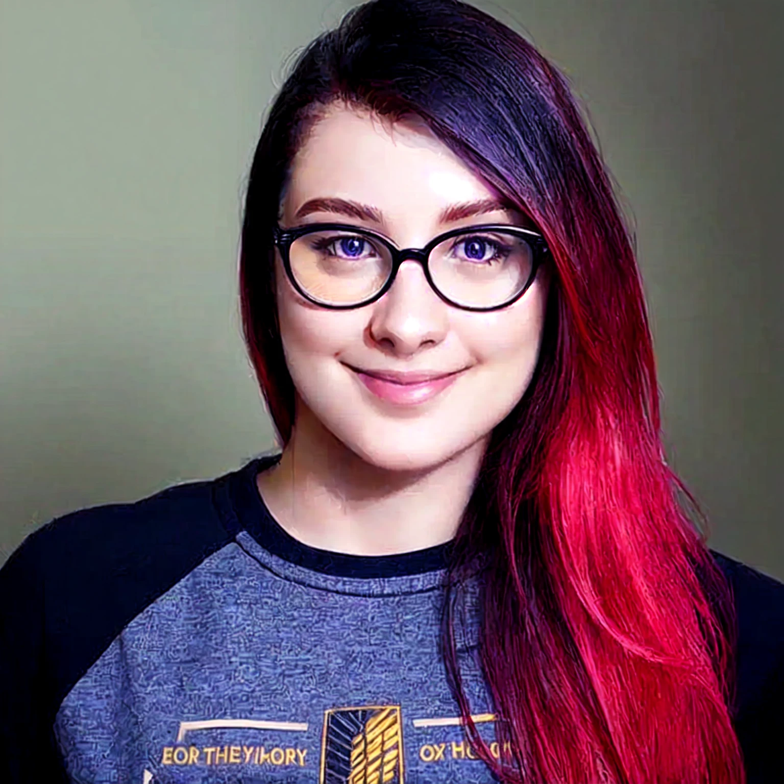 Generate images of a female character, aged 19 to 23, with a slightly overweight build, wearing rectangular glasses and a red hair AI-related stamped shirt/top. Ensure she displays expressions of excitement, surprise, and curiosity while maintaining a relatable, youthful, tech-savvy, and approachable appearance. Capture the ideal qualities for a dynamic and engaging female narrator avatar with a body type that reflects diversity and inclusivity, a bit over weight, in AI-related YouTube content.