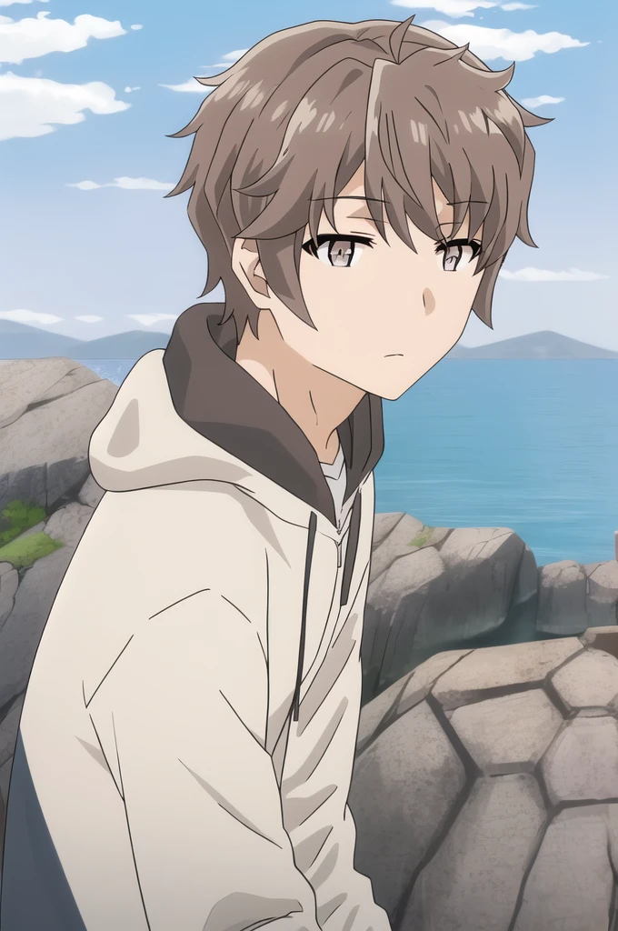 azusagawa sakuta, 1boy, male focus, solo, brown hair, brown eyes, upper body, sunglassss, looking at viewer, cloud, blue sky, closed mouth, spy outfit, outdoors, long sleeves, hood down,