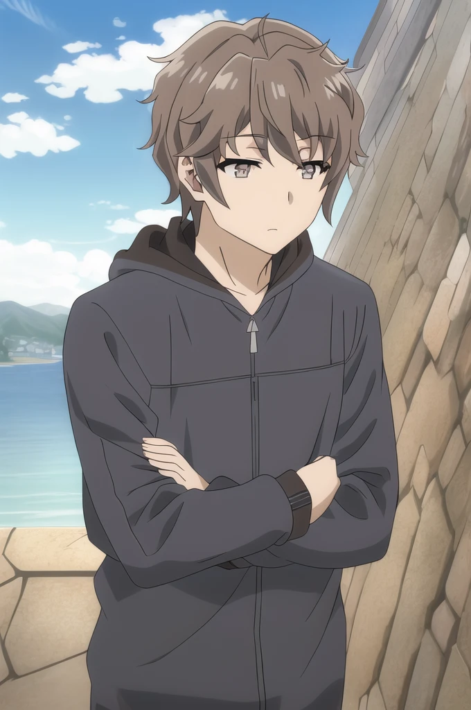 azusagawa sakuta, 1boy, male focus, solo, brown hair, brown eyes, upper body, sunglassss, looking at viewer, cloud, blue sky, closed mouth, spy outfit, outdoors, long sleeves, hood down,