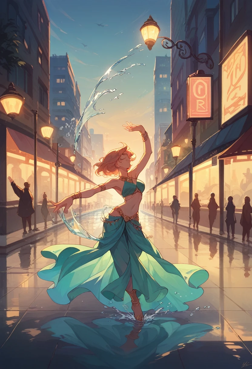 high quality, highly detailed, dancer, graceful, elegant pose, joy, , city streets, reflections, puddles, splashing water, dynamic movement, nighttime, soft streetlights, glistening raindrops, dramatic lighting,