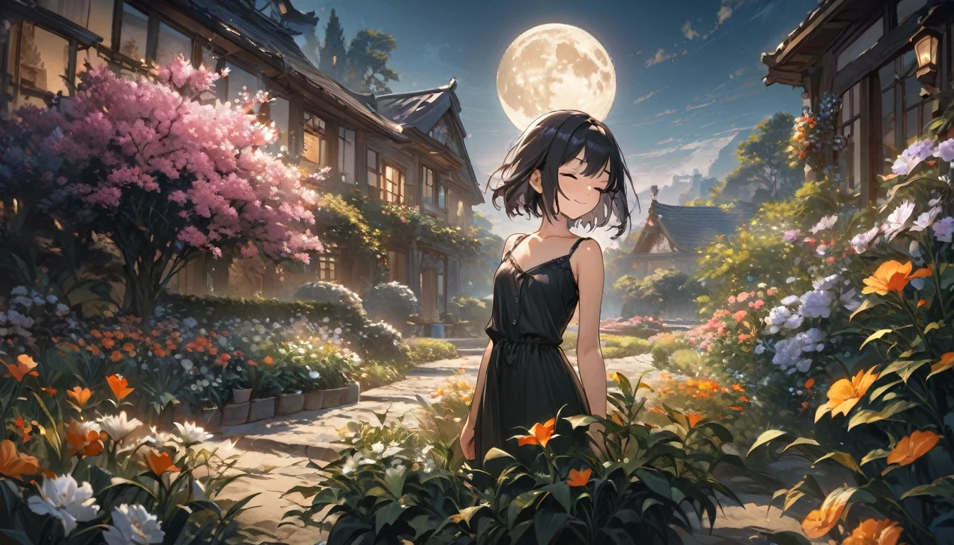1girl, solo, flat chest, short hair, black hair, standing, gentle smile on her face((masterpiece, illustration, best quality), eyes closed, ((best quality)), ((masterpiece)), best quality, high_resolution, distinct_image, detailed background ,girl, flower,garden,moon,