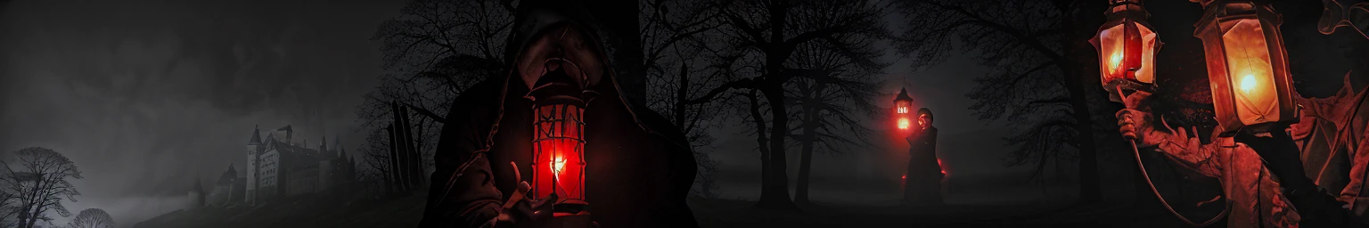 Scared man, man in haunted castle, Scary Castle, horror, red glow, fog, fogность, The light from the lantern