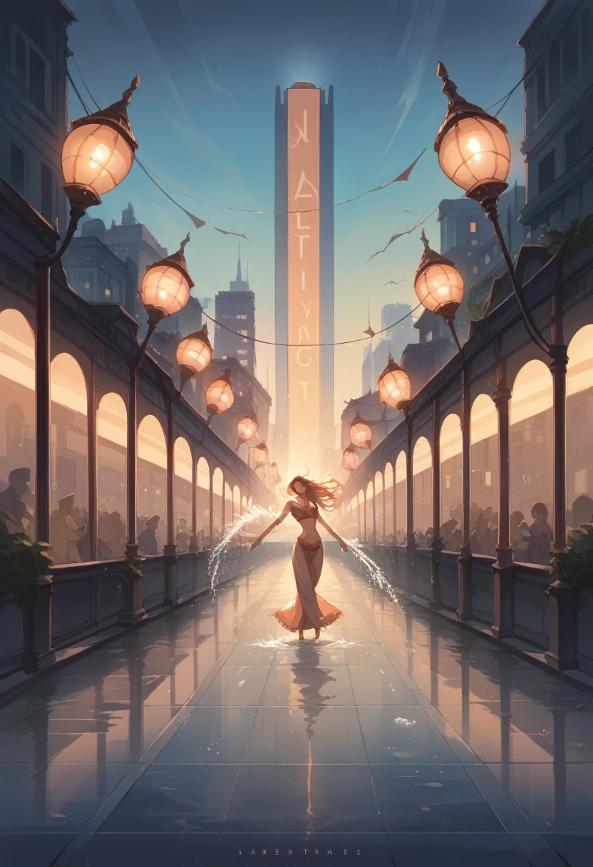 cover page, highres, top quality, best quality, paid reward available, unparalleled masterpiece, perfect artwork, absurdres, High-quality illustrations, super high resolution, detailed background, perfect anatomy, dancer, graceful, elegant pose, joy, city streets, reflections, puddles, splashing water, dynamic movement, nighttime, soft streetlights, glistening raindrops, dramatic lighting,