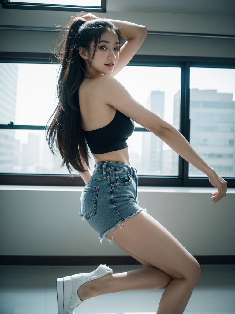 Stunning realistic masterpiece, best picture quality, 8K, HDR, original image, Kodak Tri-X 400 film, using Leica camera 24mm wide-angle lens, soft colors, full-body low-angle shot, Taiwanese beauty, long flowing hair, slightly chubby figure, bust 36E, She has slender legs, wearing a white tube top and a low-waisted ripped denim skirt. She dances sideways and jumps. The background is completely black and the light focuses on the girl from the side. The overall atmosphere is dim. Her eyes and smile convey an optimistic and unrestrained mood.