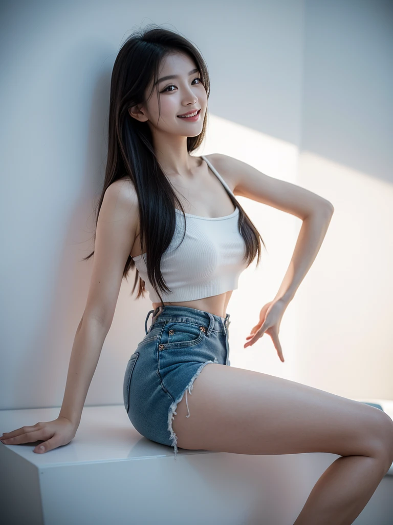 Stunning realistic masterpiece, best picture quality, 8K, HDR, original image, Kodak Tri-X 400 film, using Leica camera 24mm wide-angle lens, soft colors, full-body low-angle shot, Taiwanese beauty, long flowing hair, slightly chubby figure, bust 36E, She has slender legs, wearing a white tube top and a low-waisted ripped denim skirt. She dances sideways and jumps. The background is completely black and the light focuses on the girl from the side. The overall atmosphere is dim. Her eyes and smile convey an optimistic and unrestrained mood.