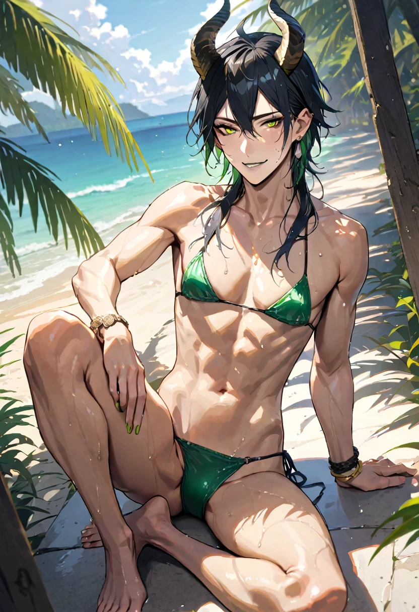 masterpiece, highres, absurdres, illustration, ((masterpiece:1.4, best quality)), (Ultra detailed background), 1boy, handsome man, highly detailed beautiful face and eyes, beautiful eyes, (sharp detail:1.3), shiny, earrings, bracelet, (wet bikini:1.3), Bari, Cebu Island, plumeria, near the beach, 1boy, sitting on floor, dynamic angle, full body, malleus draconia (twisted wonderland) horns, bishounen, boy, male, yana Toboso style, long hair, black hair, yellow green eyes, smile, gray lips, handsome, skinny, tall, yellow green glow,AddXL