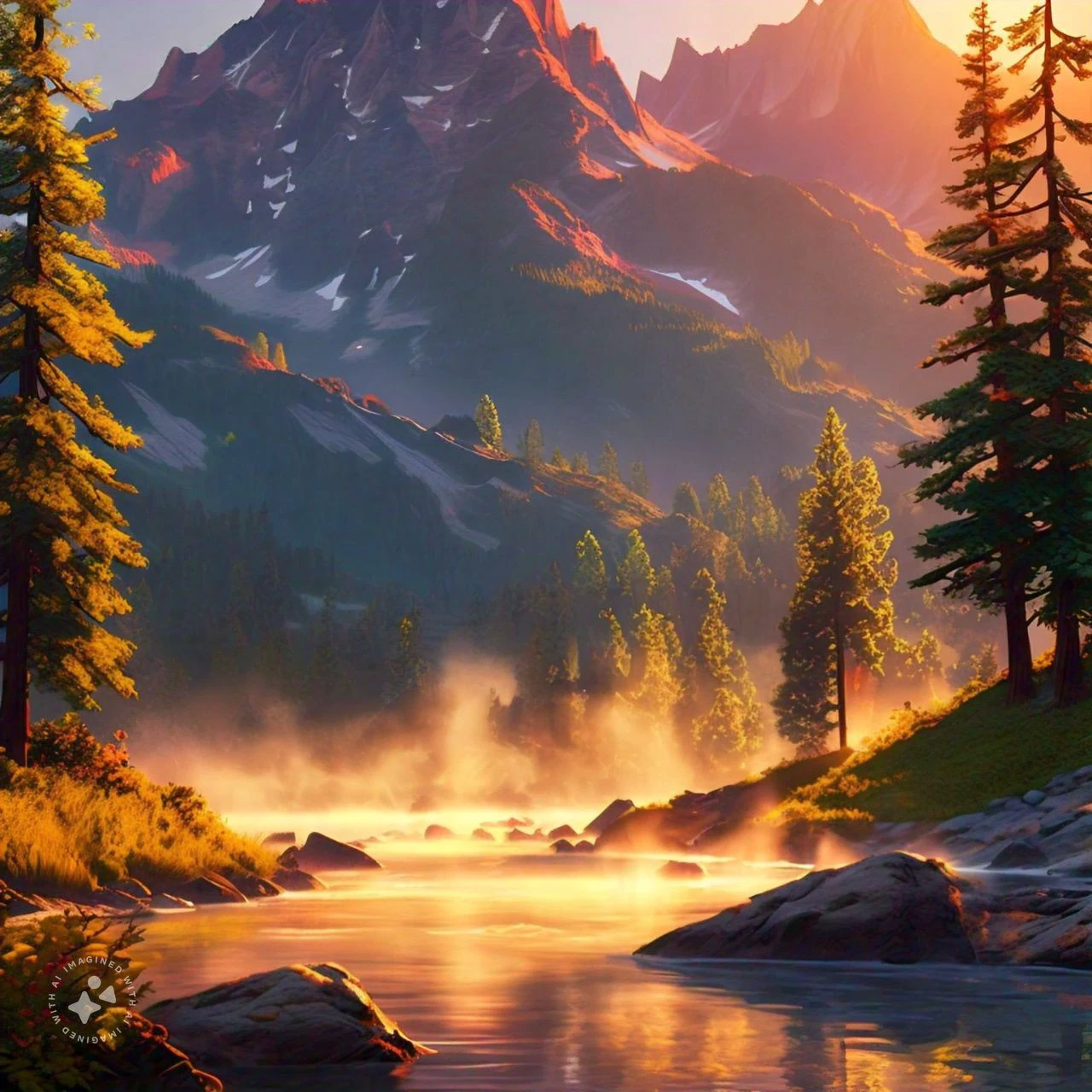 "A peaceful mountain lake at sunrise, with mist rising from the water, surrounded by pine trees, and the first light of the day illuminating the mountains in the background, in a realistic style."