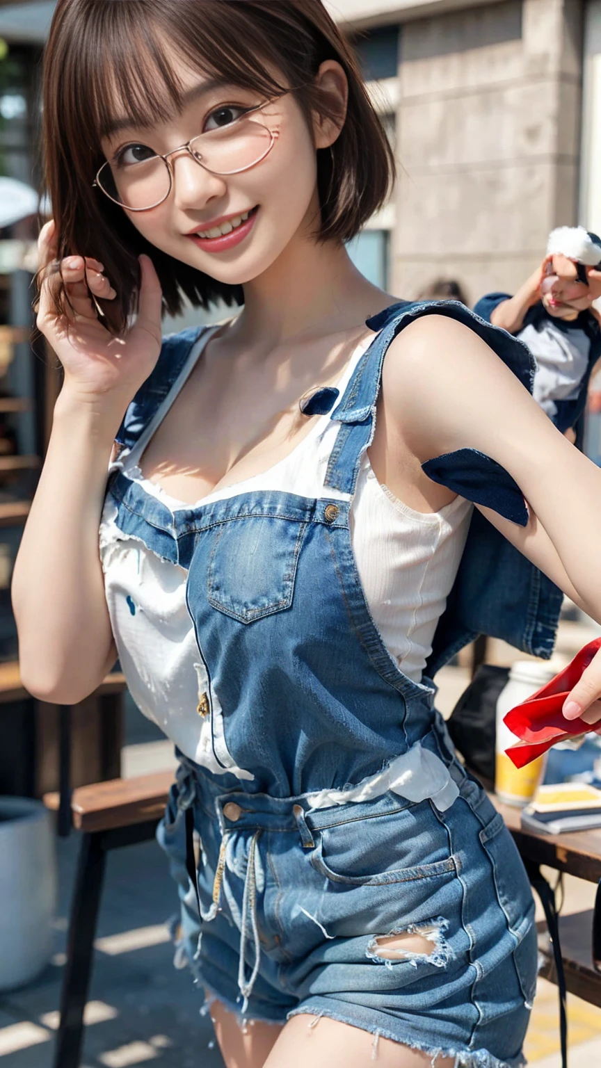 Highest quality, masterpiece, Ultra-high resolution, (Realistic:1.4), Voluptuous,Beautiful woman,(Shortcuts),((Big Breasts)) ,Beautiful Skin, Fine skin, 魅惑的なsmile, Background blur, smile, T-Shirts、Very short shorts、Glasses、白いT-Shirty blue miniskirt is blowing up in the wind、Denim apron