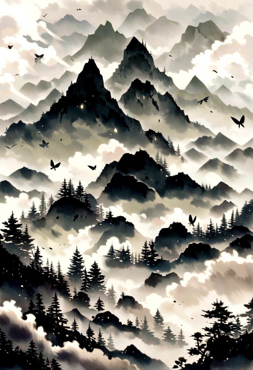 Hengshan Mountain is shrouded in dense mist, which is definitely a dreamy scene in a fairyland. Butterflies are dancing in the air, and their light wings twinkle in the mist. The mist is swirling around the peaks, revealing the beautiful scenery of deep autumn tones. This picture is like a finely-detailed ink painting that no one wants to miss. --ar 9:16