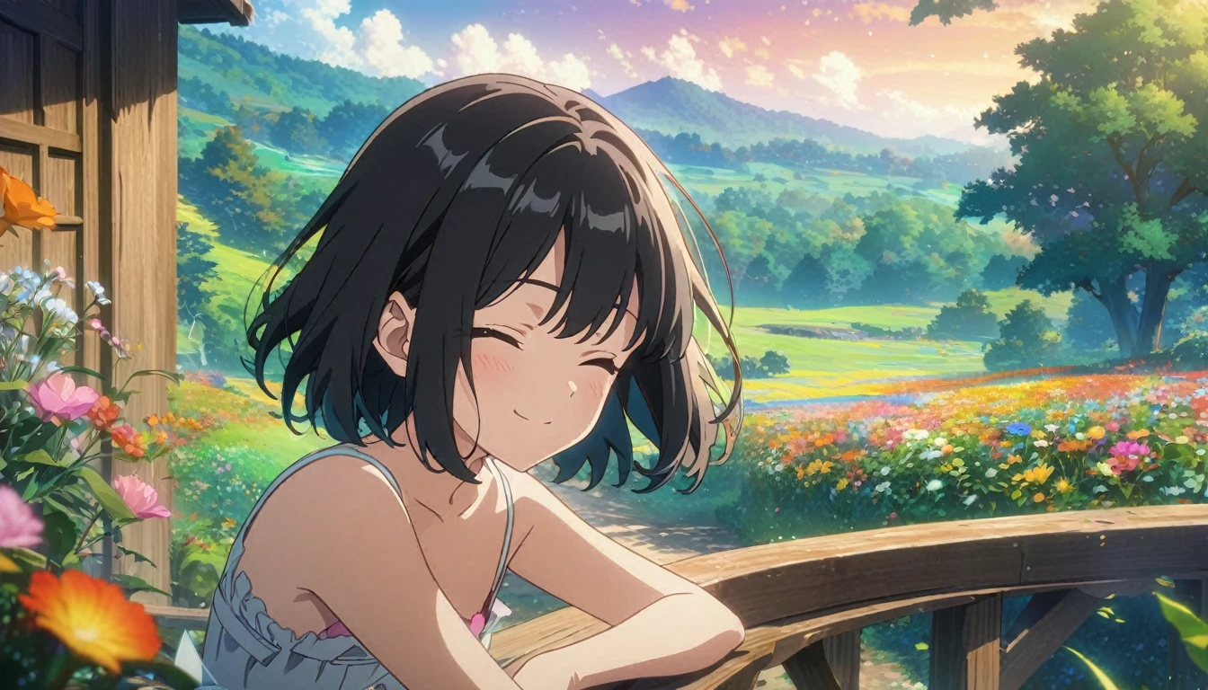 1girl, solo, flat chest, short hair, black hair, standing, gentle smile on her face((masterpiece, illustration, best quality), eyes closed, ((best quality)), ((masterpiece)),Anime style, colorful, amazing, tree, field, 4k anime wallpaper, flowers , beautiful sky, high resolution, ultra 4K, sitting on a balcony of a house