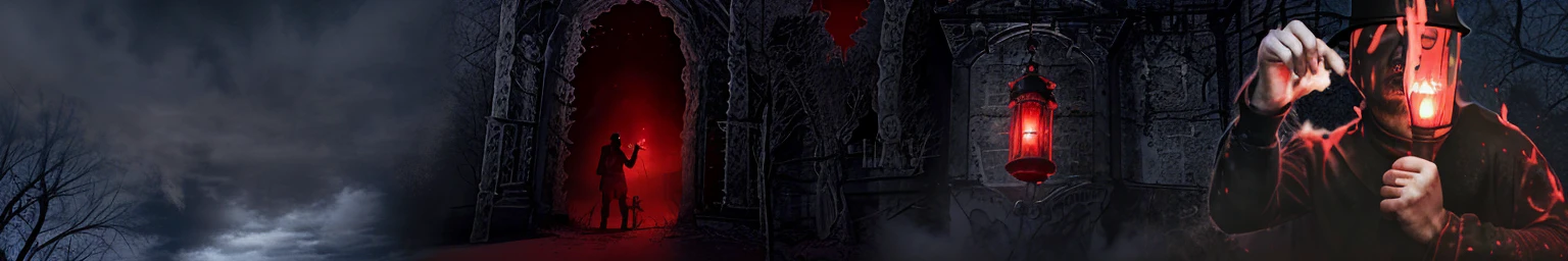 Scared man, man in haunted castle, Scary Castle, horror, red glow, fog, fogность, The light from the lantern