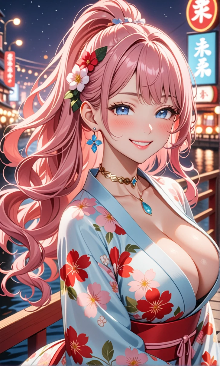 ultra-detailed, ((one girl)), in pastel colors girl, hyper detailed, absurdres, 8K, Beautiful Face, (Laugh shyly), ((teasing smile:1.8)), ((Wink:1.8)), (Laugh with your mouth wide open),(Tilt your head:1.3), View your viewers, ((Bright red cheeks:1.6)),Glossy Red Lips, ((Big Breasts:1.5)), (valley),night, Riverside,On Bridge, firework, (Brighten your face), ((Anime style background)),masterpiece, Highest quality, so beautiful,Latest, Complex details, (Pink long nails), (nail art), (ring),(bracelet), (Floral Choker),AI-generated, Complex,High resolution, Highest quality, super high quality,3D Images、3D Images,One person,Pastel pink long hair,(High Ponytail), (wavy hair:1.3), Pastel anime woman posing for a photo, ((Fine grain、blue eyes、glowing eyes:1.4)), (Squint your eyes:1.1),a hyperRealistic , hyperRealistic , Realistic,Anime woman with long pastel pink hair, Smooth anime CG art, A girl in a gorgeous pastel-colored kimono, ((Pastel-colored furisode)),(Pink large floral pattern) ,Long flower hair ornament,Floral Earrings,Mature Body, tall,Abdominal muscles,Tight waist,((arched back:1.9)), (front view),