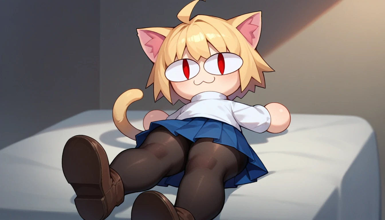 score_9, score_8_up, score_7_up, score_6_up, score_5_up, score_4_up, BREAK, 1boy, solo, necoarc, lit pupils, cat ears, blonde hair, red eyes, :3, turtleneck, blue skirt, pleated skirt, pantyhose, brown footwear, highlight thighs, thick thighs, looking at the viewer 