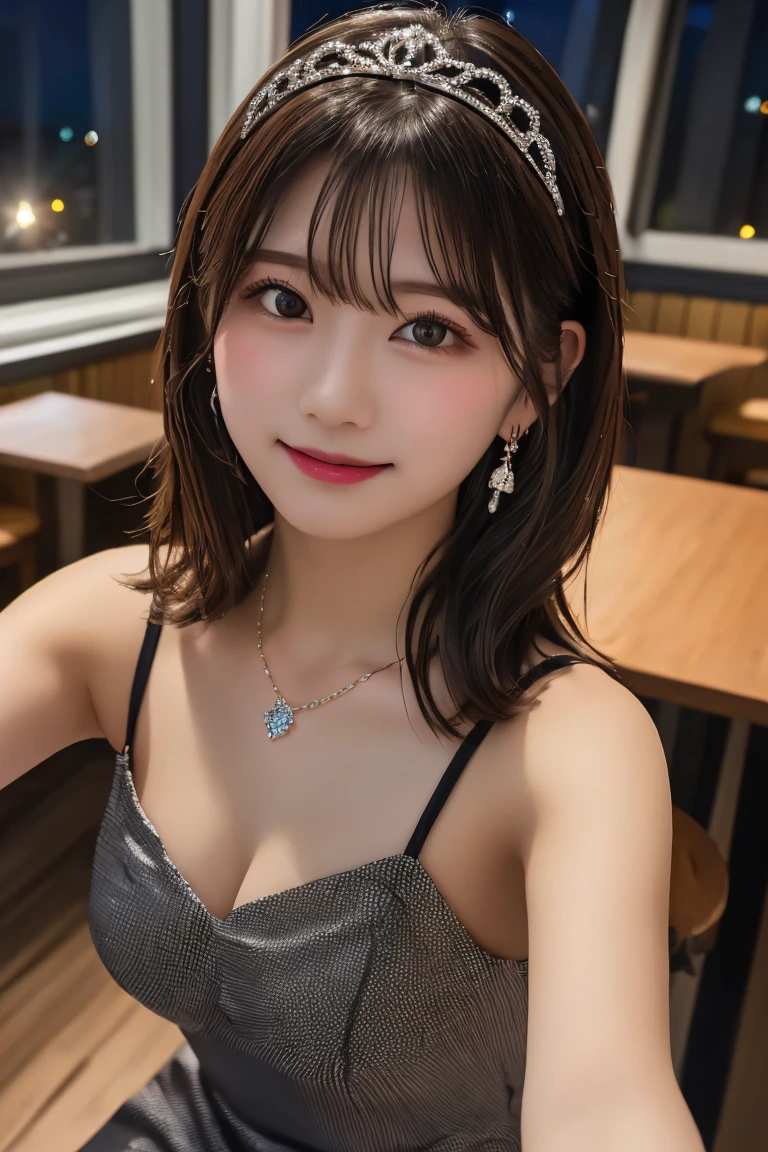 Highest quality, (beautiful)、A flashy black mini dress with shoulder straps、Larger breasts、Brown Hair、looking at the camera、squat、Close-up、Selfie、pub、tiara、necklace、Earrings、night、Dark Room、Dim lighting、No windows、smile、Shoot from above