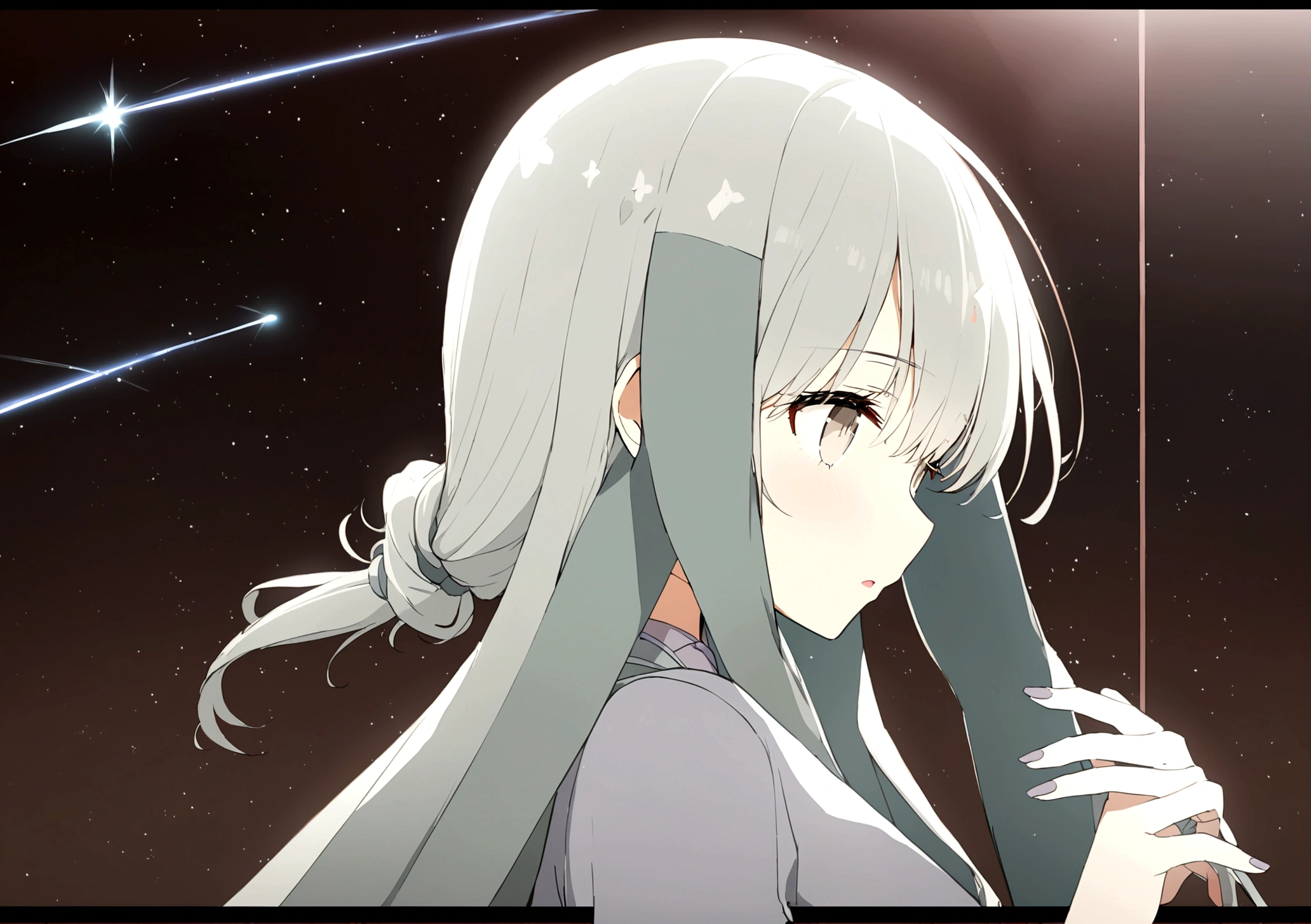 Japanese anime, girl, alone, silver white hair, white glass shards, crystallization, night sky, winter night, starry sky, shooting star crossing, solo, silence, rendering, best quality, masterpiece, full body, particle light effects, rendering, use hijab