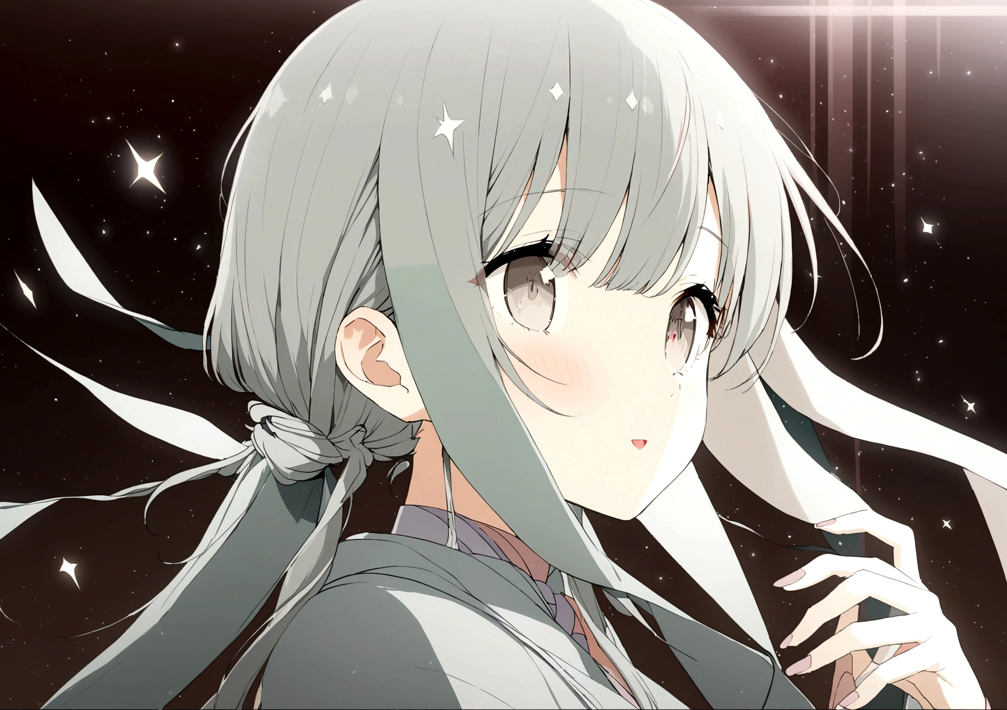 Japanese anime, girl, alone, silver white hair, white glass shards, crystallization, night sky, winter night, starry sky, shooting star crossing, solo, silence, rendering, best quality, masterpiece, full body, particle light effects, rendering, use hijab