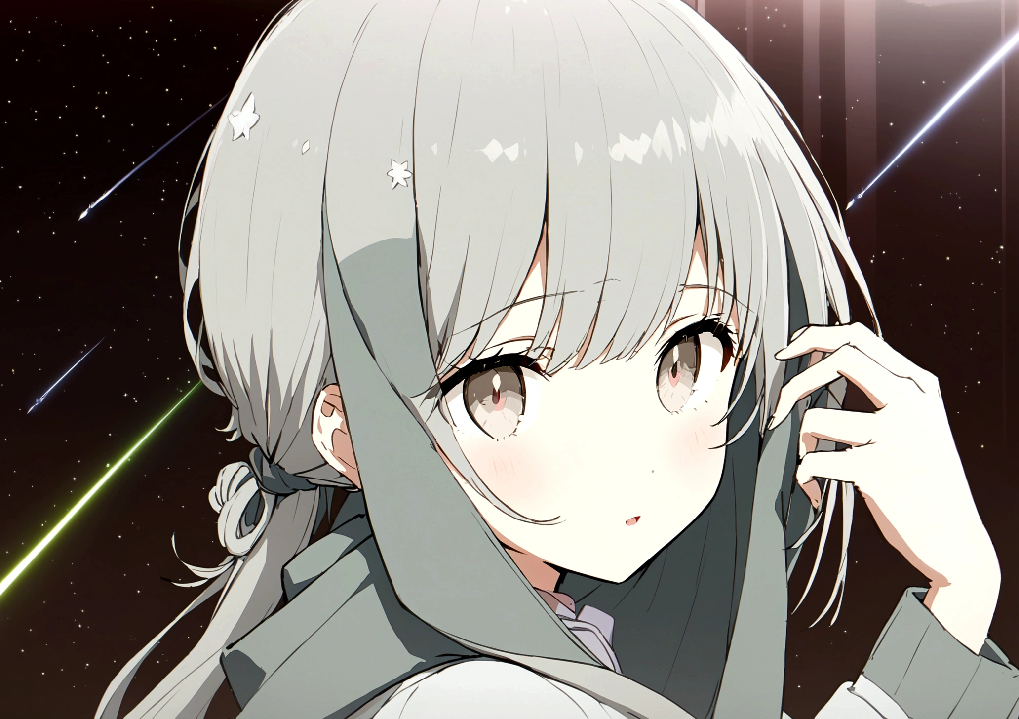 Japanese anime, girl, alone, silver white hair, white glass shards, crystallization, night sky, winter night, starry sky, shooting star crossing, solo, silence, rendering, best quality, masterpiece, full body, particle light effects, rendering, use hijab