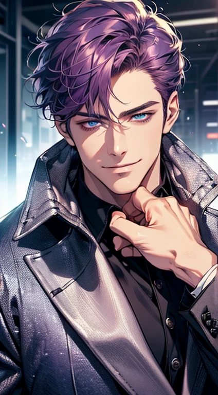 (best quality, masterpiece, 8K, photorealistic, cinematic lighting, 1:4 hdr image, ultra detailed, beautiful image), a mature man, 35 years very handsome, ((cold expression smile in love)), short  purple hair, blue eyes, face perfect without mistakes, ((buttoning his jacket, CEO)), smile.