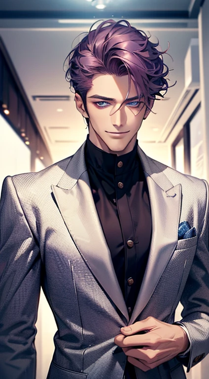 (best quality, masterpiece, 8K, photorealistic, cinematic lighting, 1:4 hdr image, ultra detailed, beautiful image), a mature man, 35 years very handsome, ((cold expression smile in love)), short purple hair, blue eyes, face perfect without mistakes, ((buttoning his jacket, CEO)), smile.