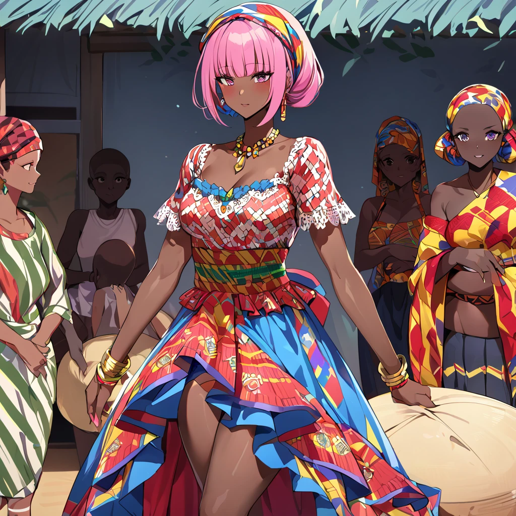 ((Highest quality)), ((masterpiece)), (detailed), (Perfect Face)、The woman is Momo Belia Deviluke, a Ghanaian by birth, with a vibrant dark skin, and is wearing a vibrant Ghanaian dress, a vibrant headscarf, gorgeous jewellery and an engagement ring.、The woman is the elegant Momo Belia Deviluke, with short pink bob hair, a colorful Ghanaian dress, a colorful headscarf, and vivid dark brown skin. She is a natural-born black and Ghanaian.、(The woman is a black Ghanaian with vivid dark brown skin.)、The woman is raising children and doing village work with other village girls in her village in Ghana.