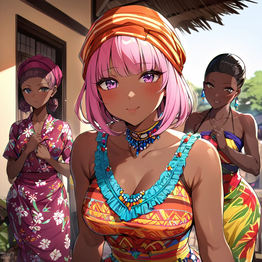 ((Highest quality)), ((masterpiece)), (detailed), (Perfect Face)、The woman is Momo Belia Deviluke, a Ghanaian by birth, with a vibrant dark skin, and is wearing a vibrant Ghanaian dress, a vibrant headscarf, gorgeous jewellery and an engagement ring.、The woman is the elegant Momo Belia Deviluke, with short pink bob hair, a colorful Ghanaian dress, a colorful headscarf, and vivid dark brown skin. She is a natural-born black and Ghanaian.、(The woman is a black Ghanaian with vivid dark brown skin.)、The woman is raising children and doing village work with other village girls in her village in Ghana.