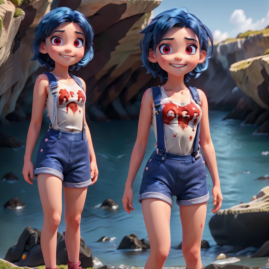 1 girl, Youngh, psycho smile, navy blue hair, crimson red eyes, sharped teeth, wearing tight blue overalls, shoulders and arms completely visible, beach scenery, 8K, posing on a rock, blood-stained scenery, ultra realisticdetails