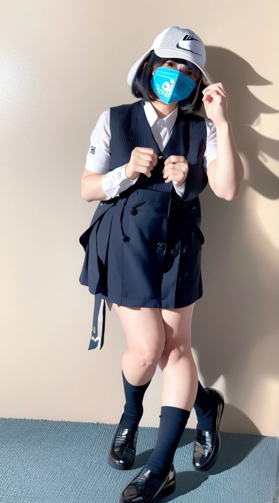 LAHO Beauty。Very sexy、Office lady with strong sexual desires。24-year-old office lady、The beauty of a suit、A cool beauty with big breasts that make her undershirt bulge、career woman、Japanese Beauty、The button on my chest is about to come off、ulzzang-6500-v1.1、(RAW Photos:1.2)、(Photorealistic)、(Genuine:1.4)、(Peace Fly)、A calm-looking woman wearing a checked vest、Large Bust Body Type。Mini skirt with exposed thighs、The legs are plump。(Ultra-realistic black Nike logo socks:Panty visible pose、There are stains on the panties:1.2)。Japanese Goddess、Wearing black high heelsてる、Sexy gaze with black socks、((Full Body Shot:1.16))、Highlighted with knee-length socks featuring the Nike logo。Nike logo on socks。Wearing black high heels