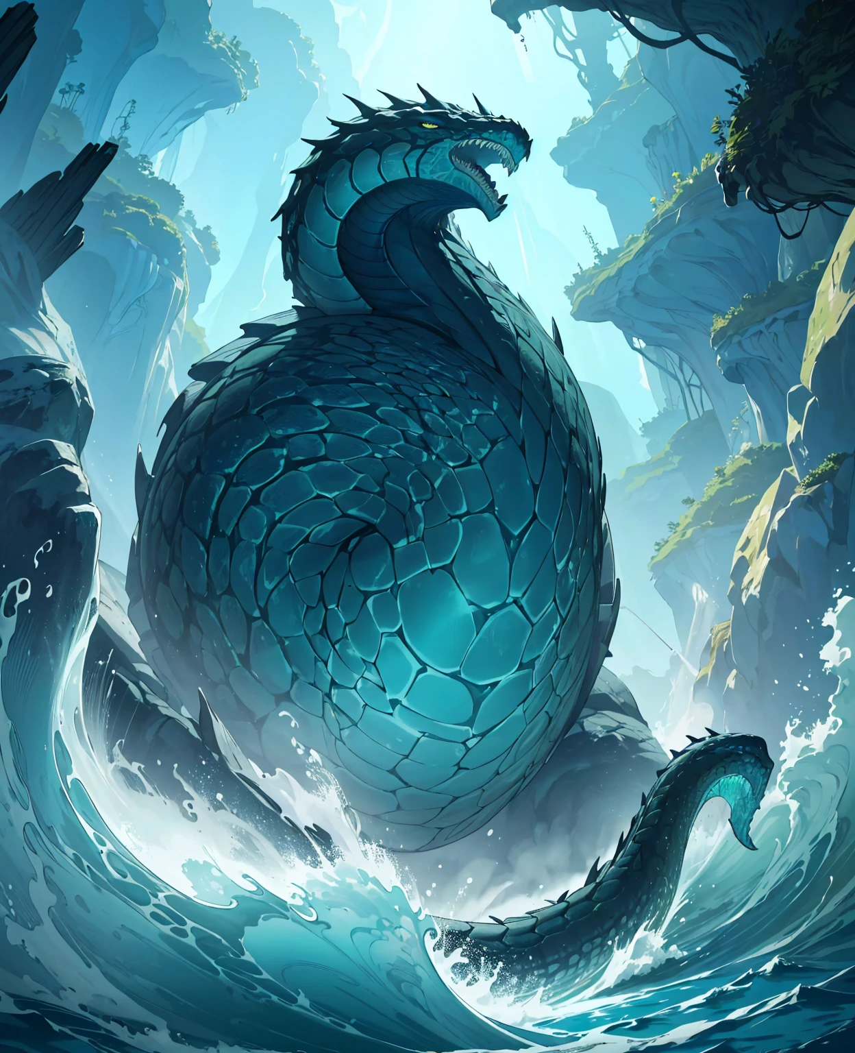 China-style,Chinese mythology,Dragon turtle,faucet,Angular,Turtle body,Heavy tortoiseshell shell,The tail of the snake grows out,has horns on its head,tosen,Ferocious,gargantuan,The eyes glow blue light,the sea,Huge waves,surrounded by cloud,中景 the scene is,Full body like, highly detailed surreal vfx,oc rendered, - AR 16:9 --q 2 --s 1000