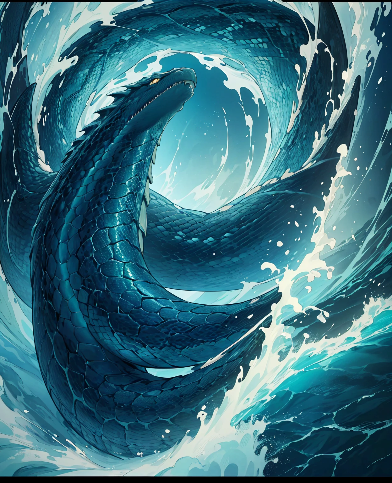 a massive serpent, colossal mythical sea serpent, giant snake wrapped around the world, detailed scales, glowing eyes, fangs, angry expression, ocean waves, underwater scene, dark moody lighting, deep blue and green colors, cinematic dramatic composition, (best quality,4k,8k,highres,masterpiece:1.2),ultra-detailed,(realistic,photorealistic,photo-realistic:1.37)